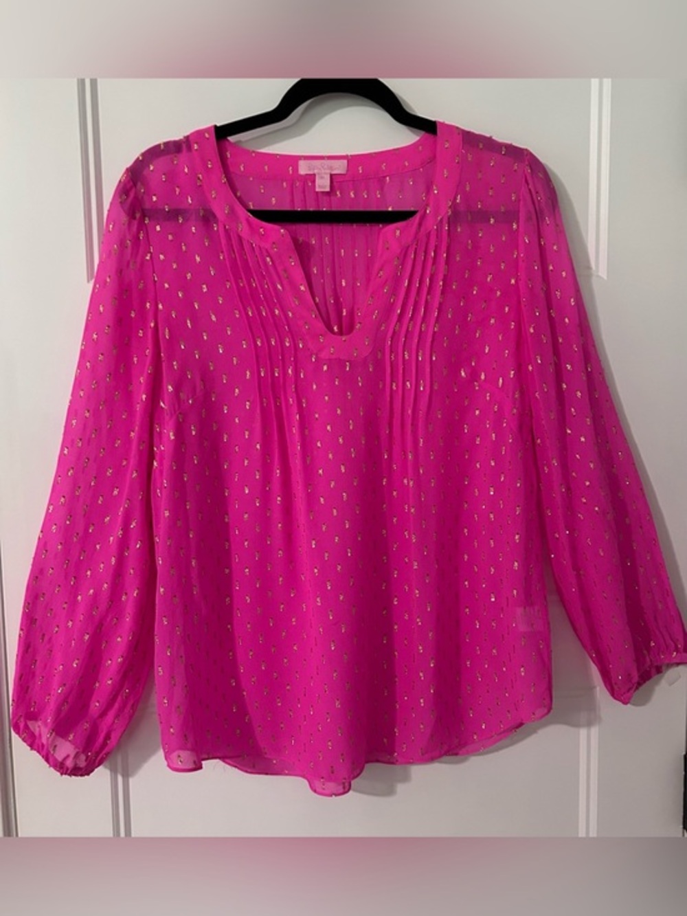 Lilly Pulitzer Pink Silk Metallic Clip Dot Blouse Tunic Top M Boho Peasant Style
